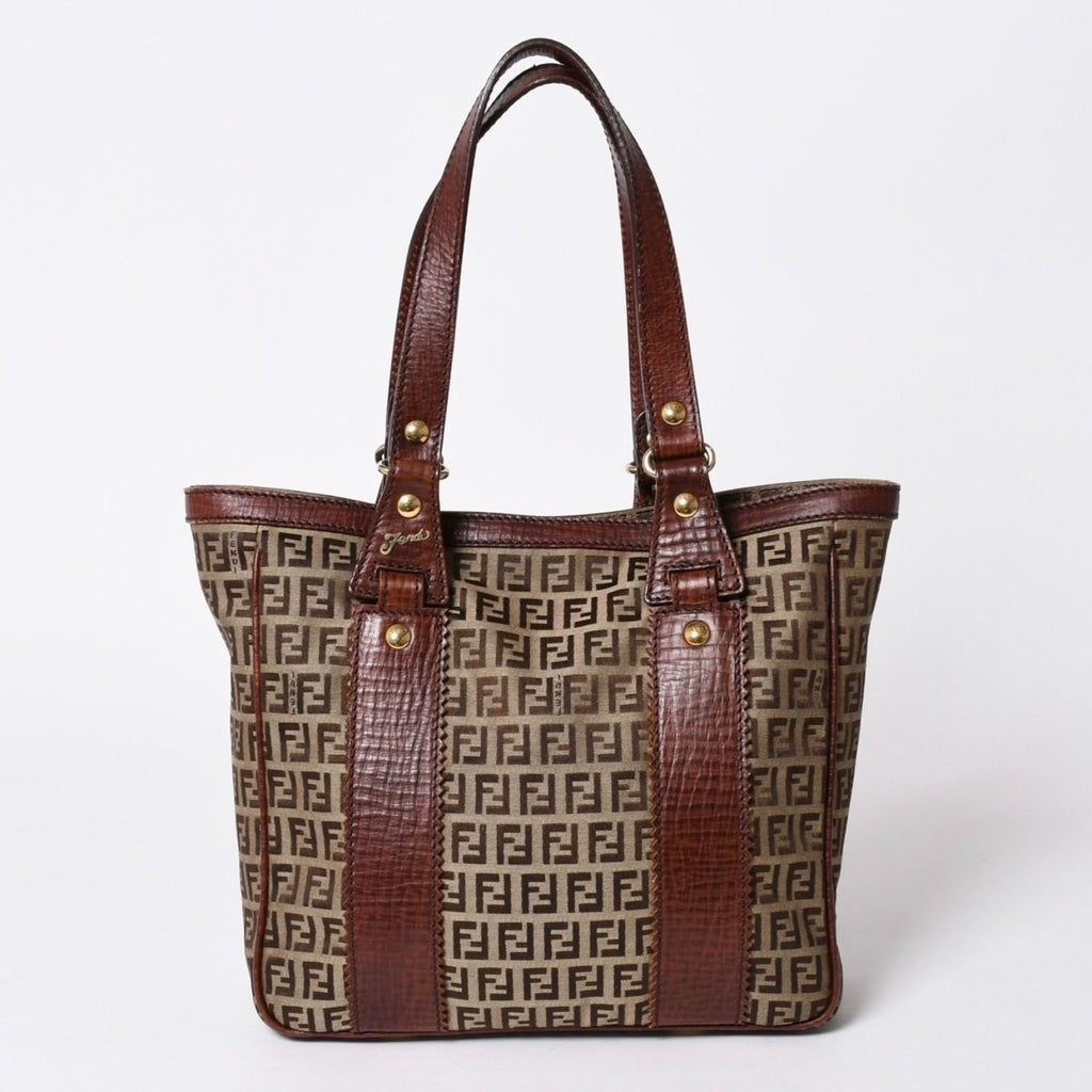 Fendi Zucchino Tote Bag Canvas Leather Beige Brown Gold