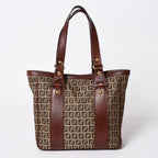 Fendi Zucchino Tote Bag Canvas Leather Beige Brown Gold