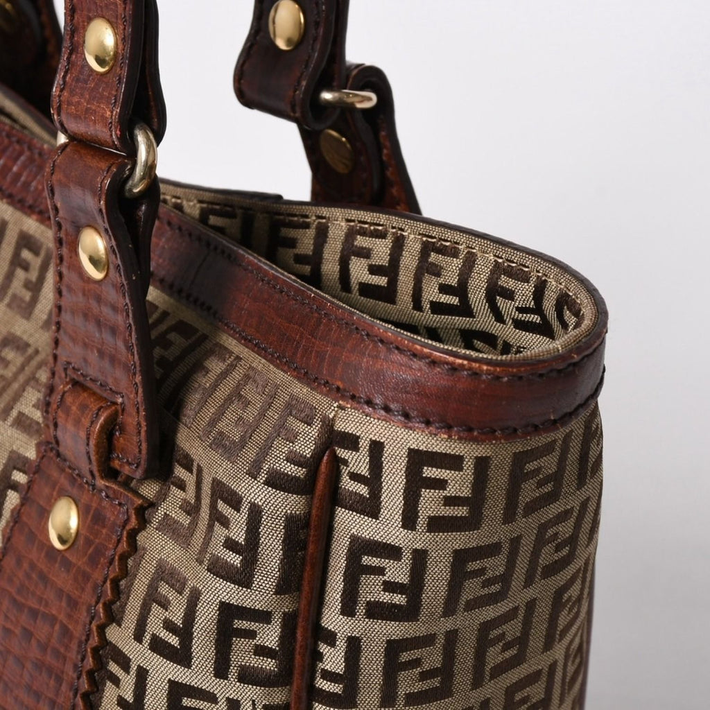 Fendi Zucchino Tote Bag Canvas Leather Beige Brown Gold — view 6