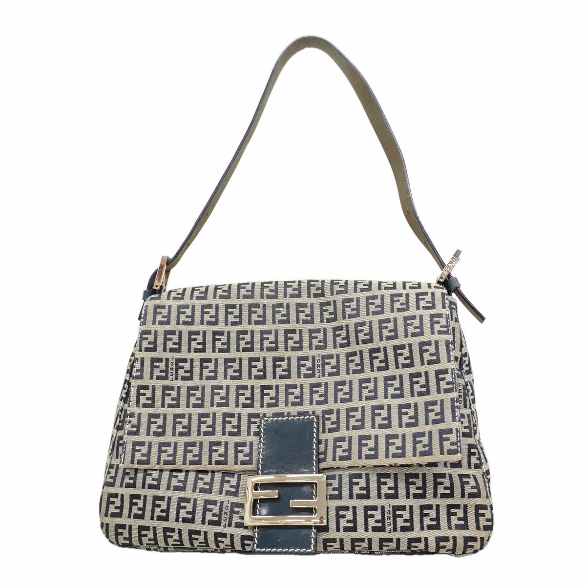 Fendi Handbag Zucchino Mamma Bucket Nylon Canvas Gray Navy Silver