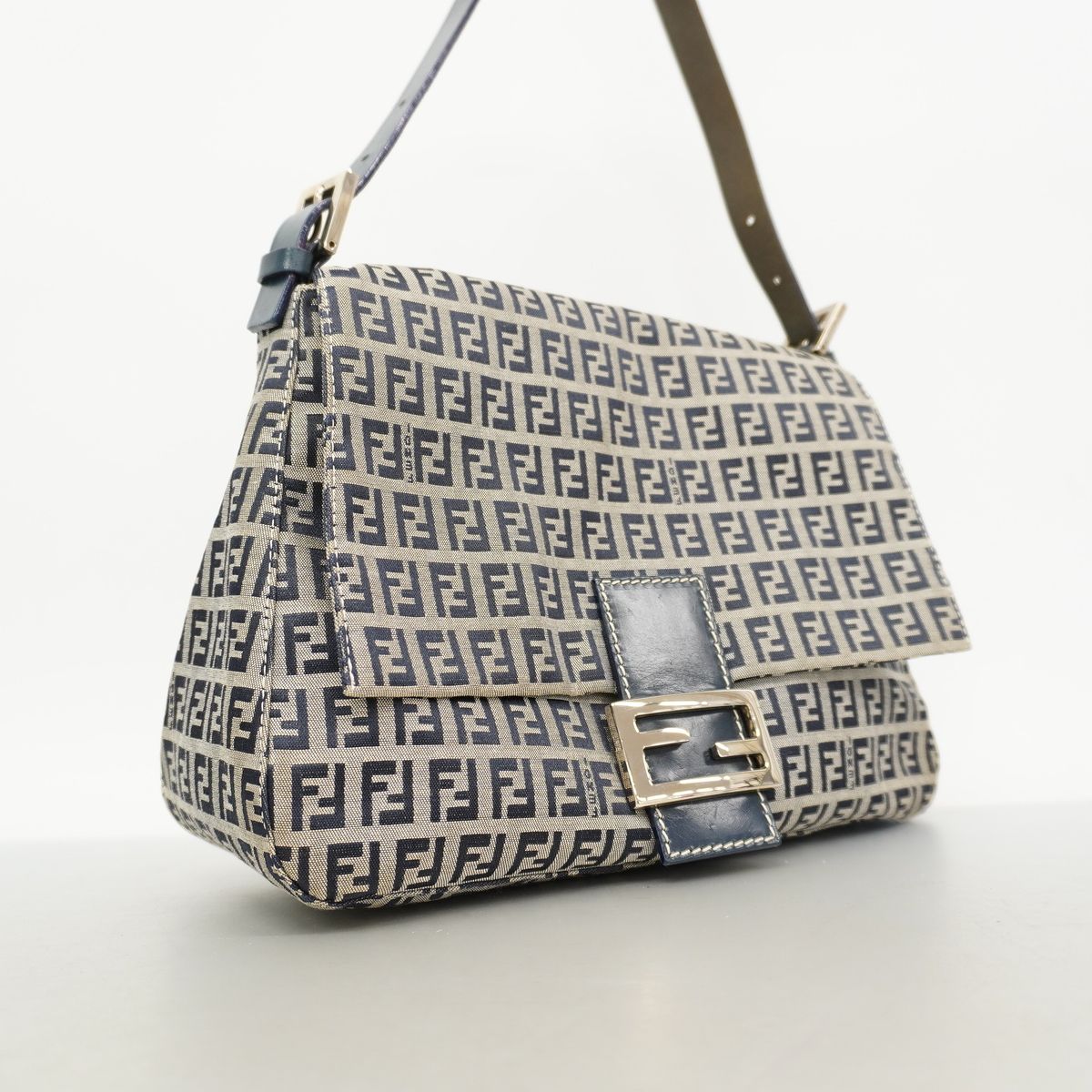 Fendi Handbag Zucchino Mamma Bucket Nylon Canvas Gray Navy Silver — view 2