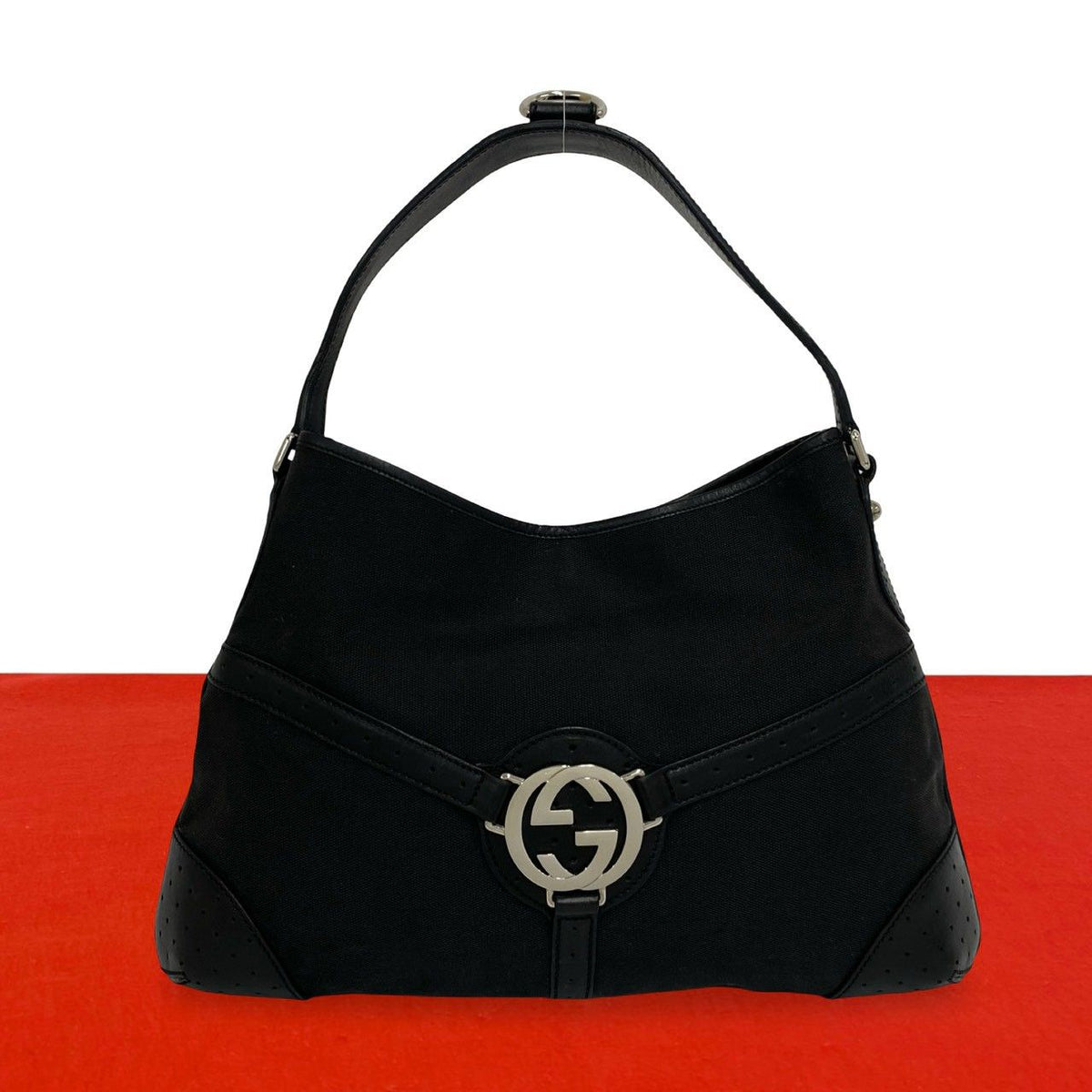 Gucci Interlocking G Canvas Leather Shoulder Bag Black