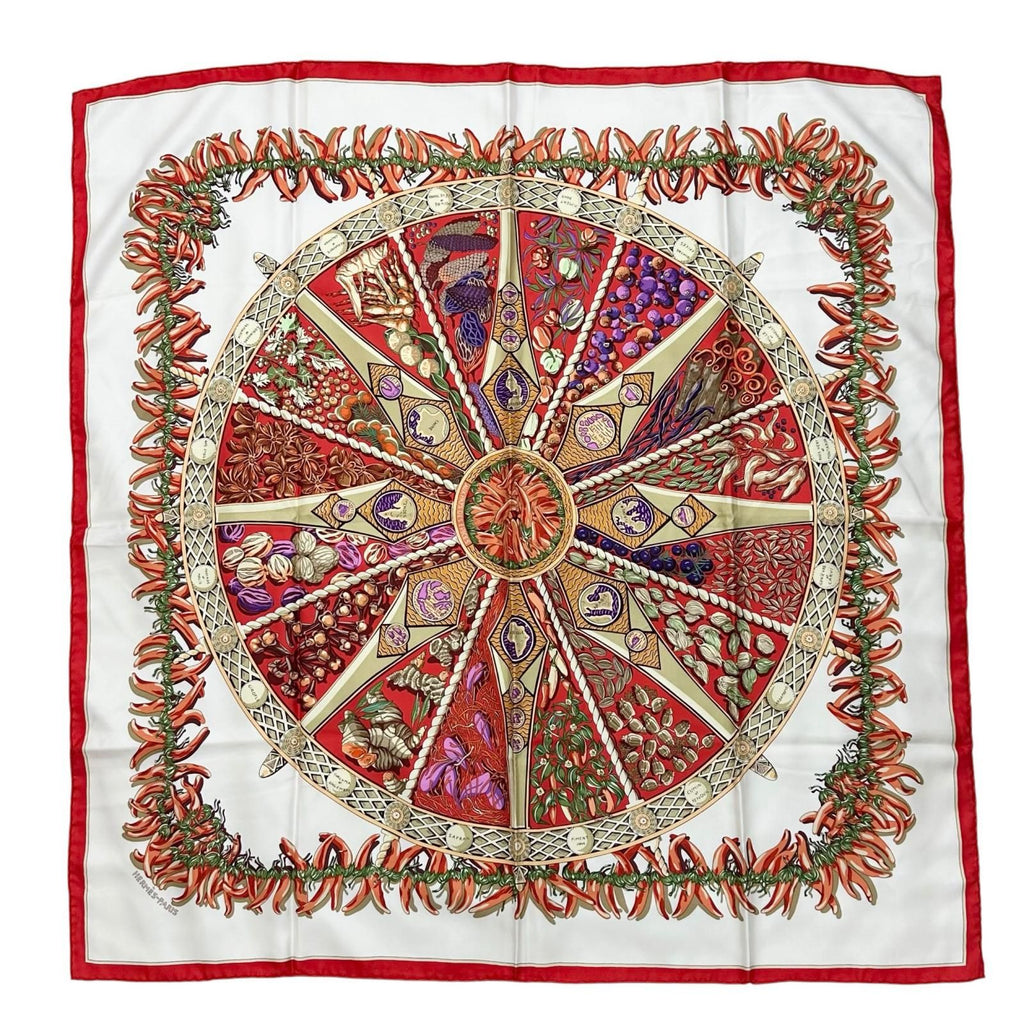 Hermes Carre 90 Aux Pays Des Epices Silk White Scarf