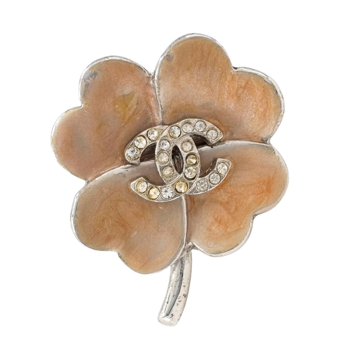 Chanel CC Logo Clover Crystal Silver Pink Beige Earrings — view 7