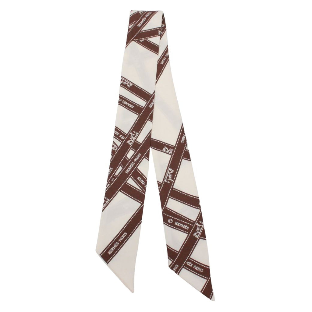 Hermes Twilly Bolduc Silk Ivory Brown Scarf — view 2