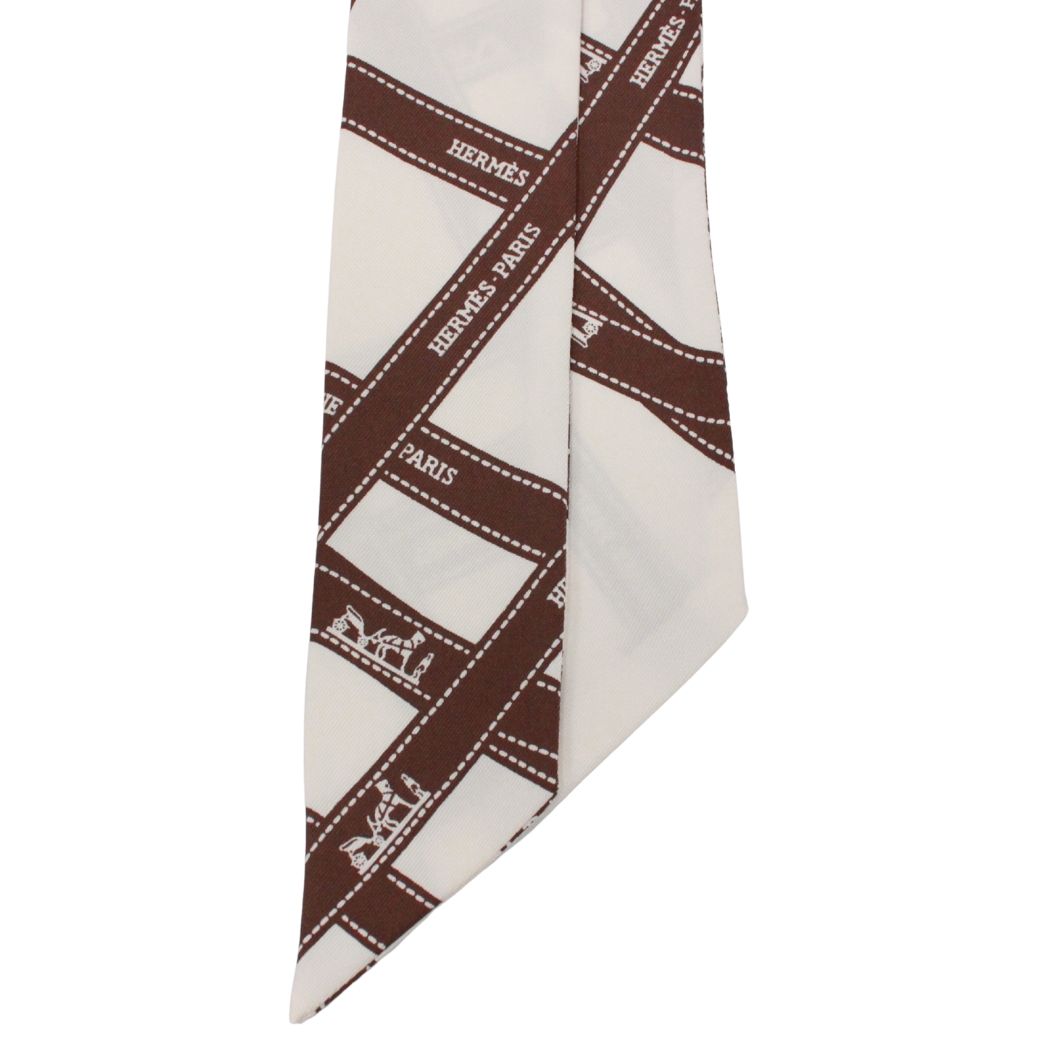 Hermes Twilly Bolduc Silk Ivory Brown Scarf — view 3