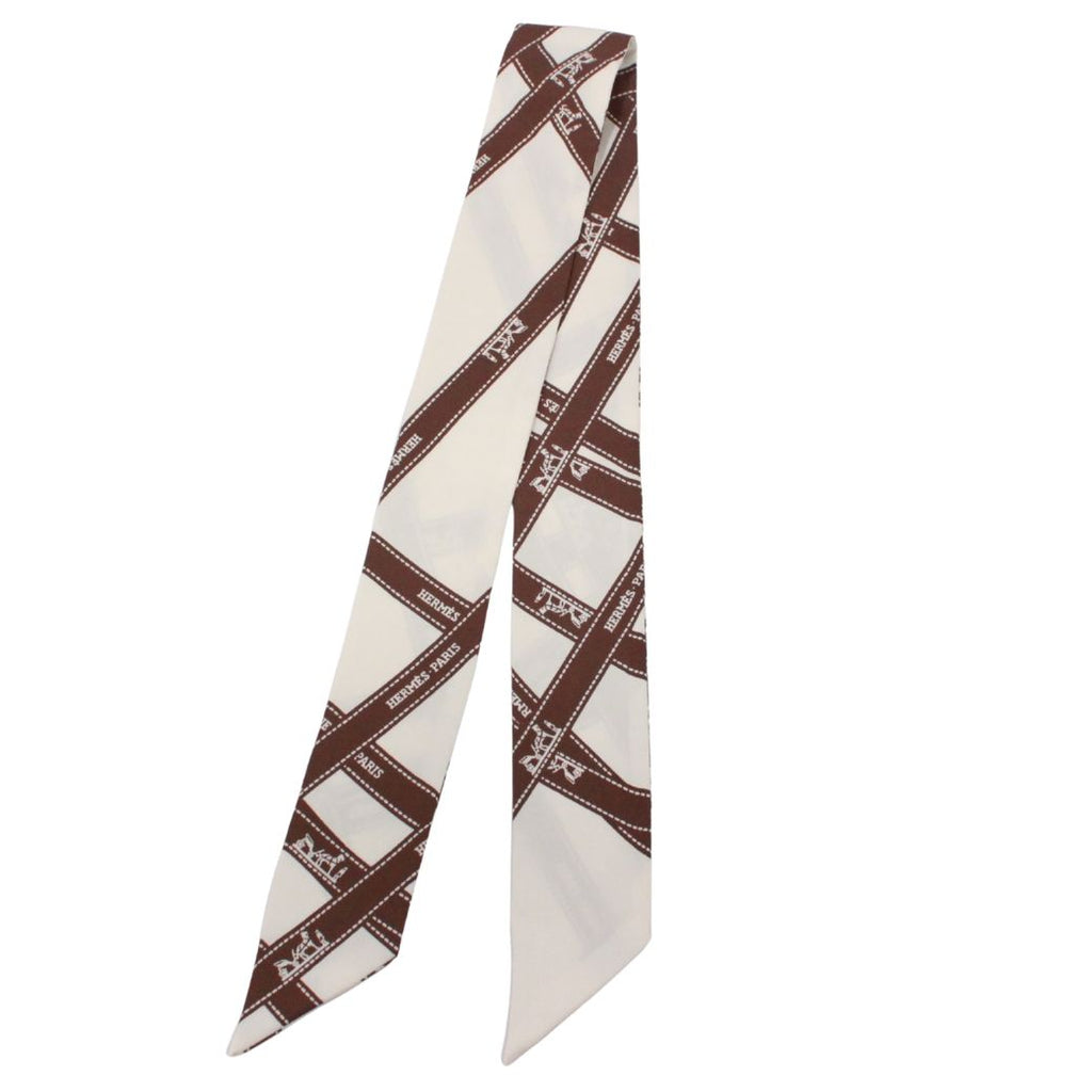 Hermes Twilly Bolduc Silk Ivory Brown Scarf