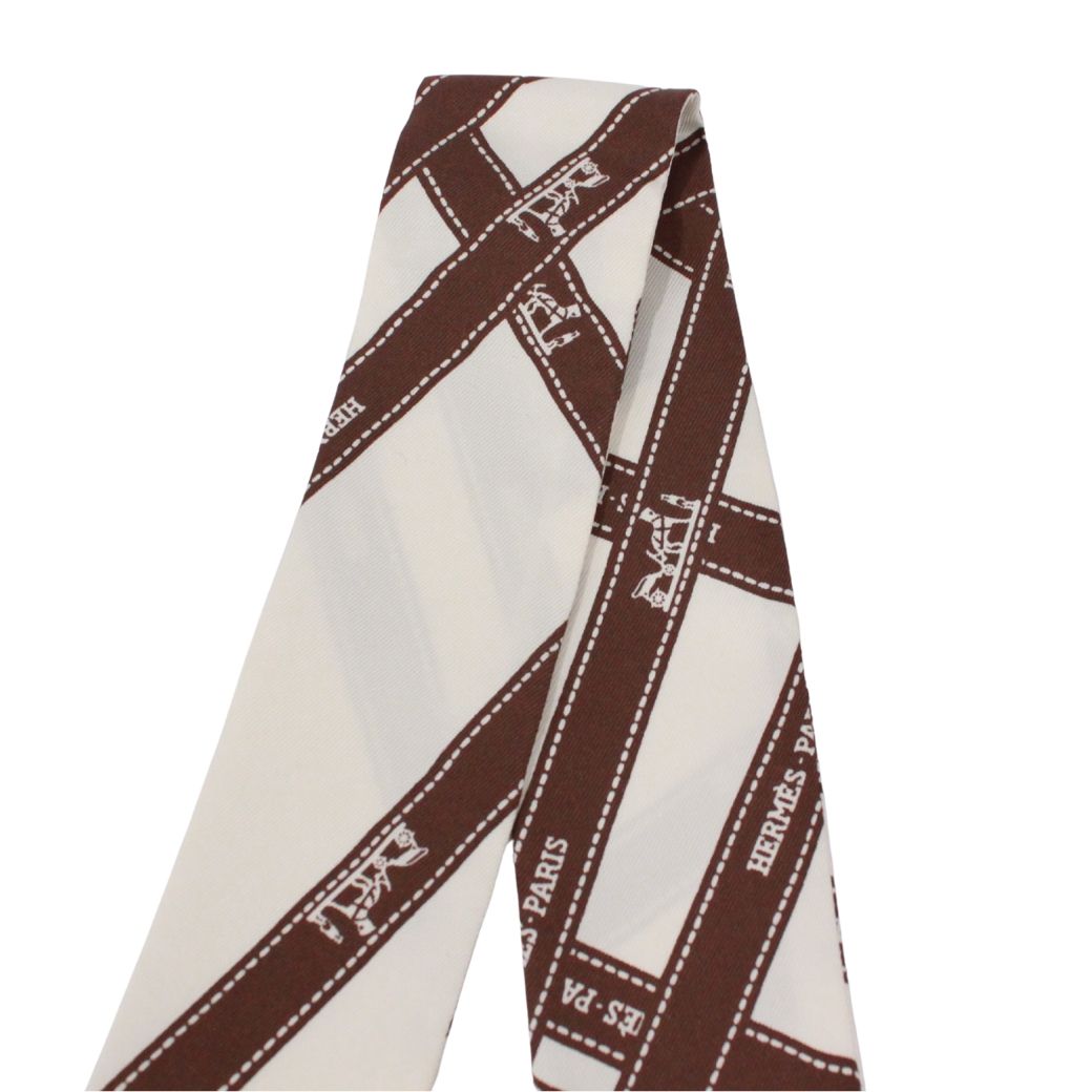 Hermes Twilly Bolduc Silk Ivory Brown Scarf — view 6
