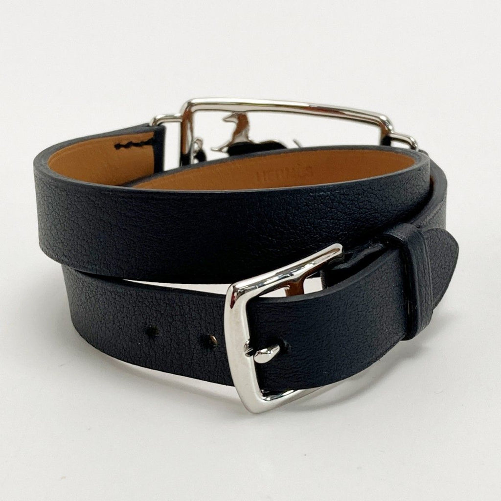Hermes Caleche Double Tour Black Bracelet Leather Silver — view 2