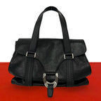 Celine Vintage Logo Perforated Leather Tote Boston Bag Black