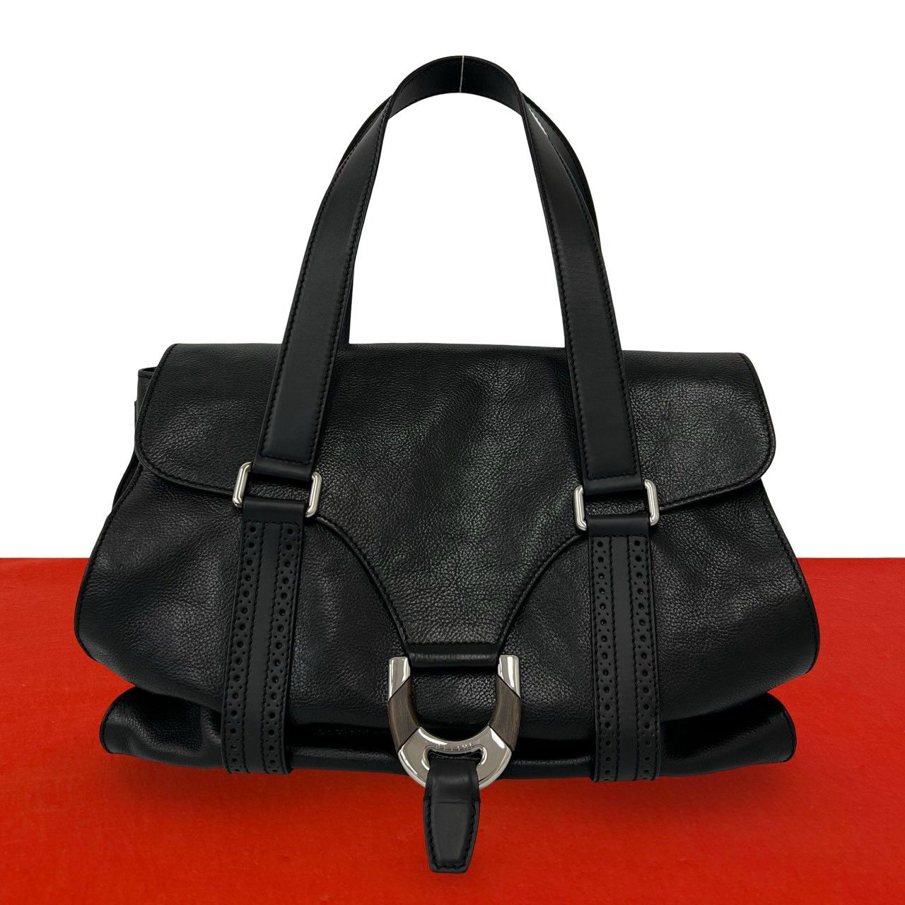 Celine Vintage Logo Perforated Leather Tote Boston Bag Black