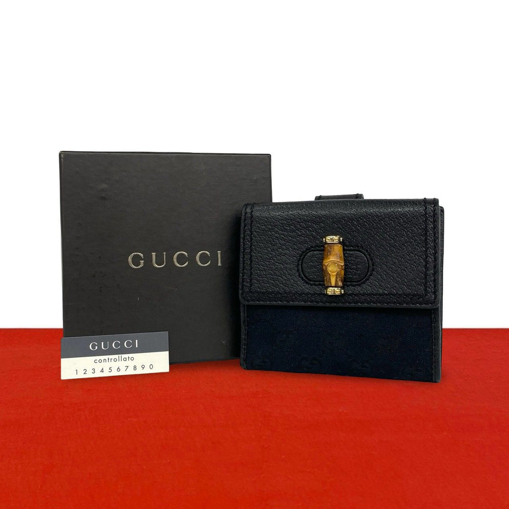 Gucci Bamboo GG Pattern Leather Bifold Wallet Mini Black