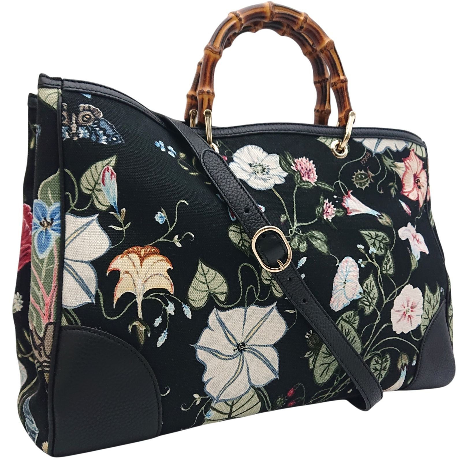 Gucci Kris Knight Large Flora Bamboo 2-Way Shoulder Bag Floral Black