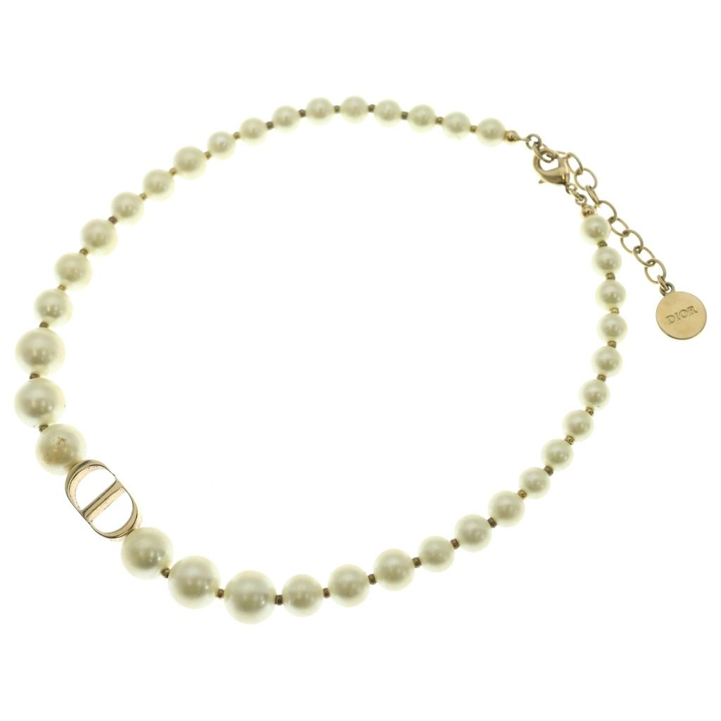 Dior CD Logo Faux Pearl Necklace Choker Gold White — view 2