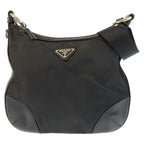 Prada Tessuto Black Silver Nylon Leather Shoulder Bag Pochette