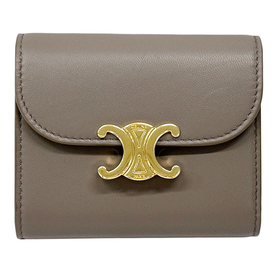 Celine Wallet Triomphe Bifold Leather Gray Gold Mini Small