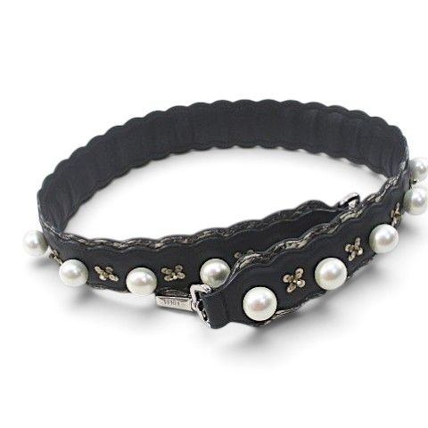 Fendi Strap You Flower Motif Faux Pearl Black Leather