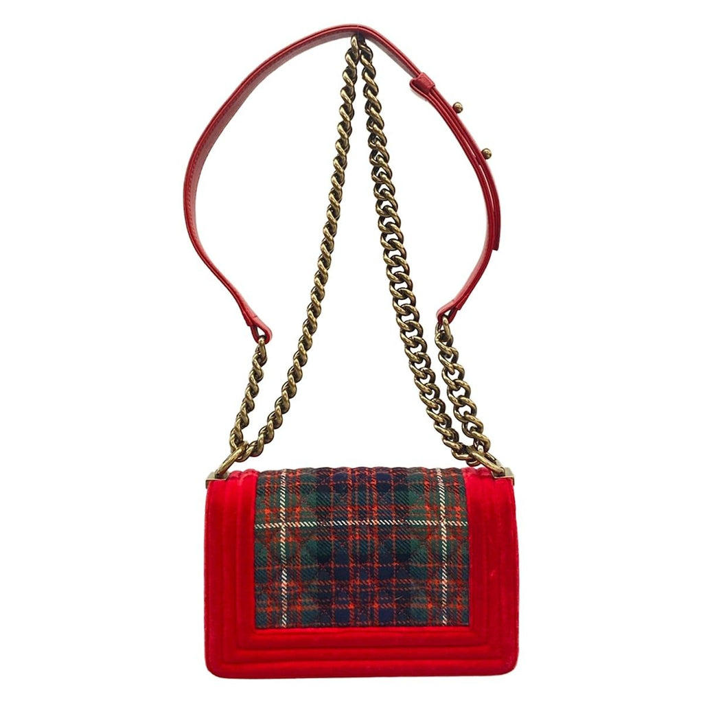 Chanel Shoulder Bag Boy Red Green Dark Navy Plaid Vintage Gold Chain — view 3