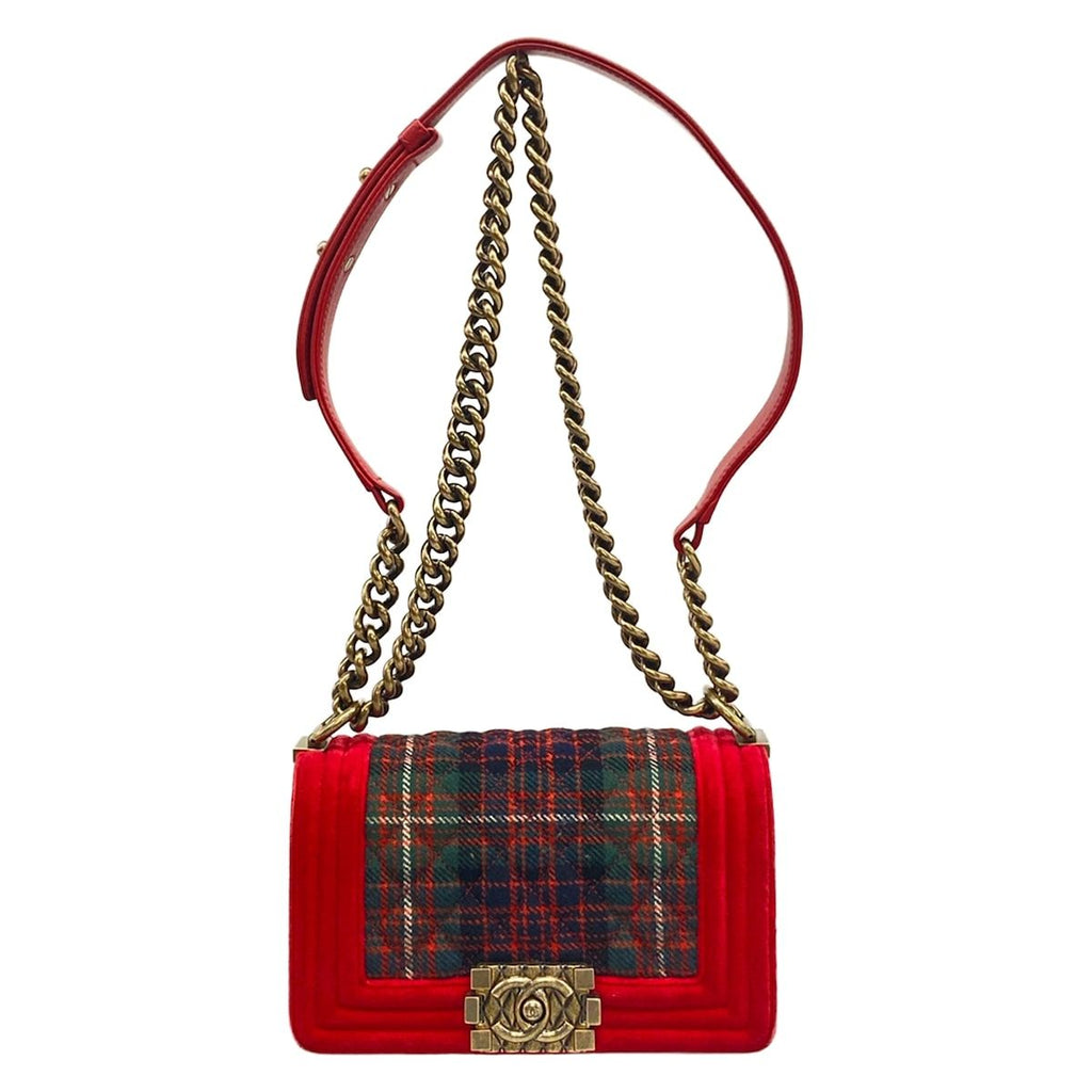 Chanel Shoulder Bag Boy Red Green Dark Navy Plaid Vintage Gold Chain
