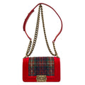 Chanel Shoulder Bag Boy Red Green Dark Navy Plaid Vintage Gold Chain