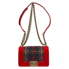 Chanel Shoulder Bag Boy Red Green Dark Navy Plaid Vintage Gold Chain