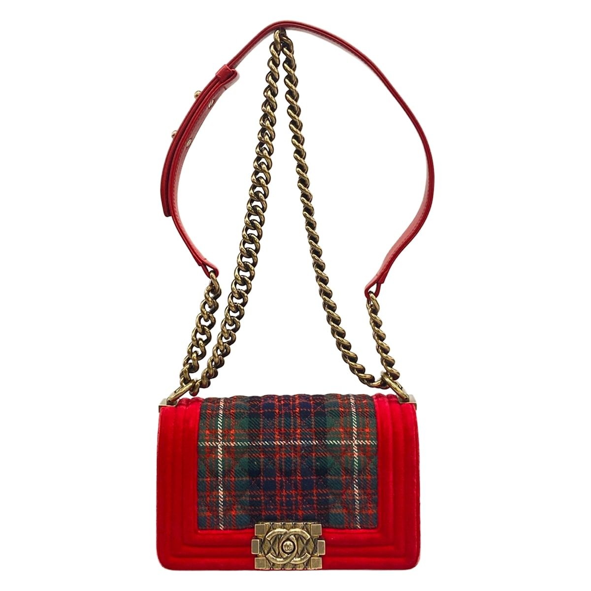 Chanel Shoulder Bag Boy Red Green Dark Navy Plaid Vintage Gold Chain