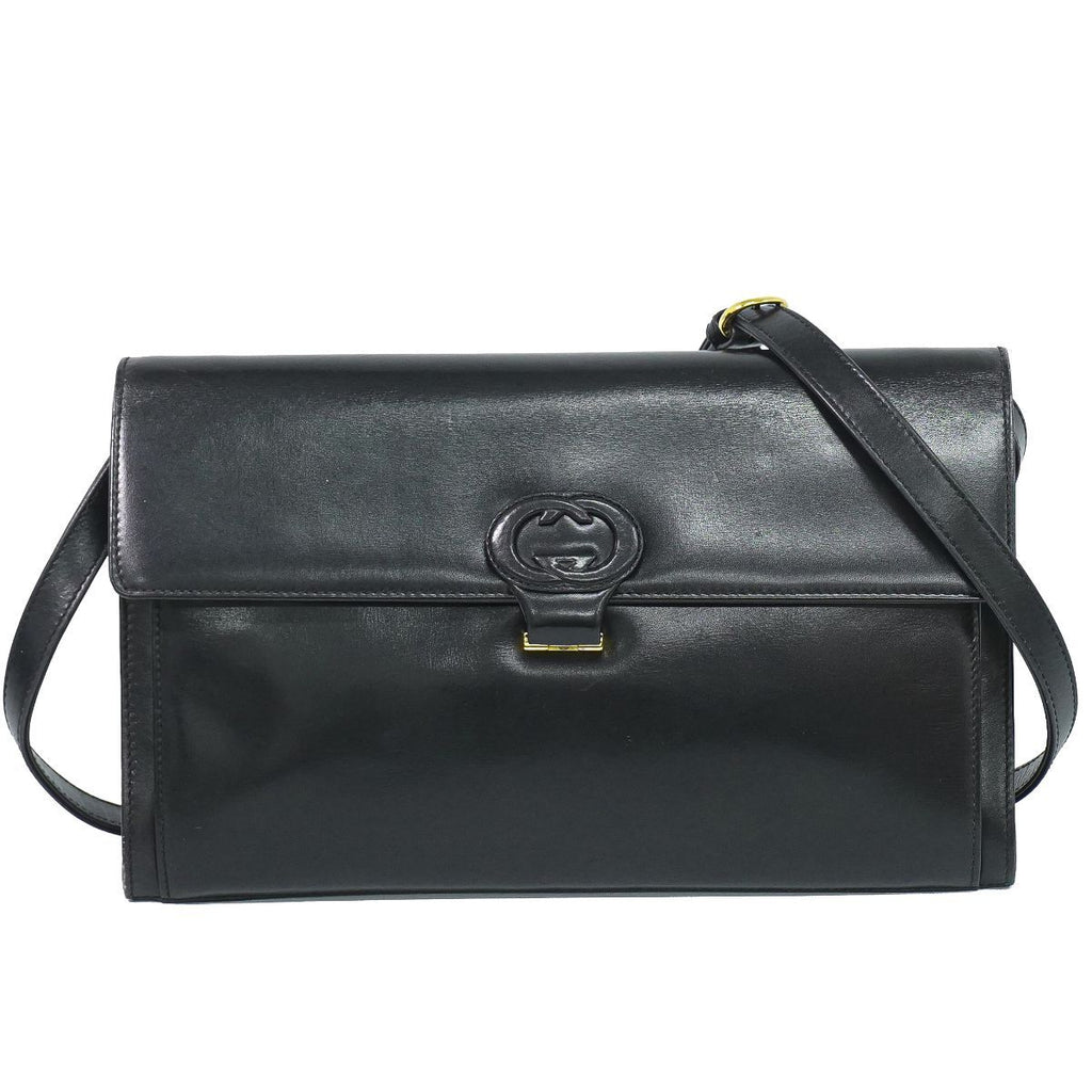Gucci Vintage Interlocking G 2-Way Shoulder Bag Clutch Pochette Leather Black