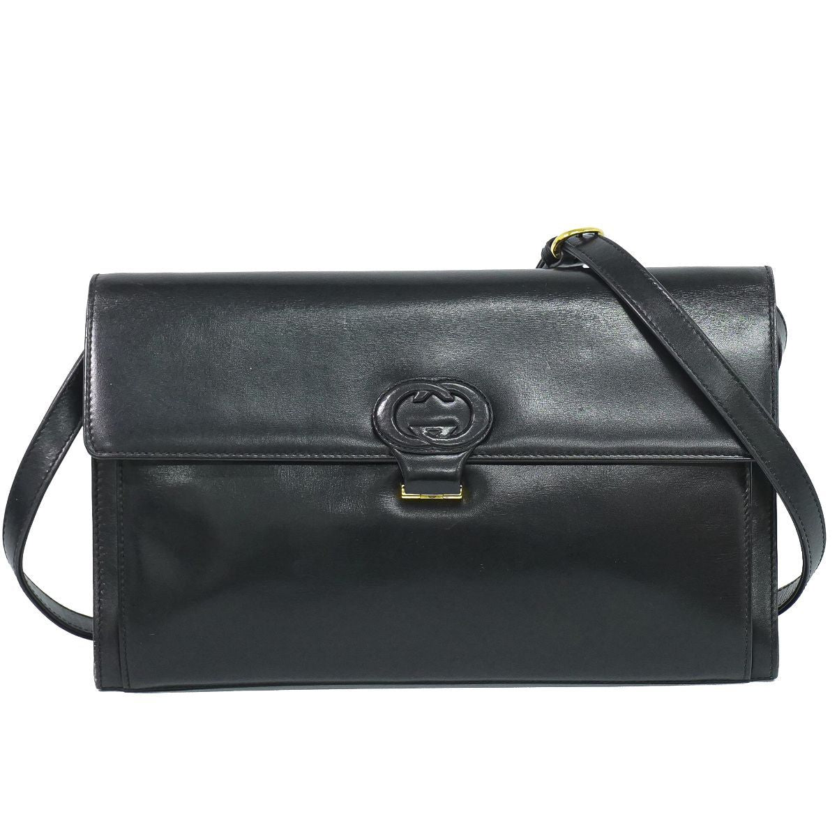 Gucci Vintage Interlocking G 2-Way Shoulder Bag Clutch Pochette Leather Black