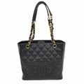 Chanel Chain Tote Bag Quilted Caviar Leather Black Gold