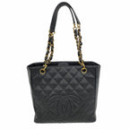 Chanel Chain Tote Bag Quilted Caviar Leather Black Gold