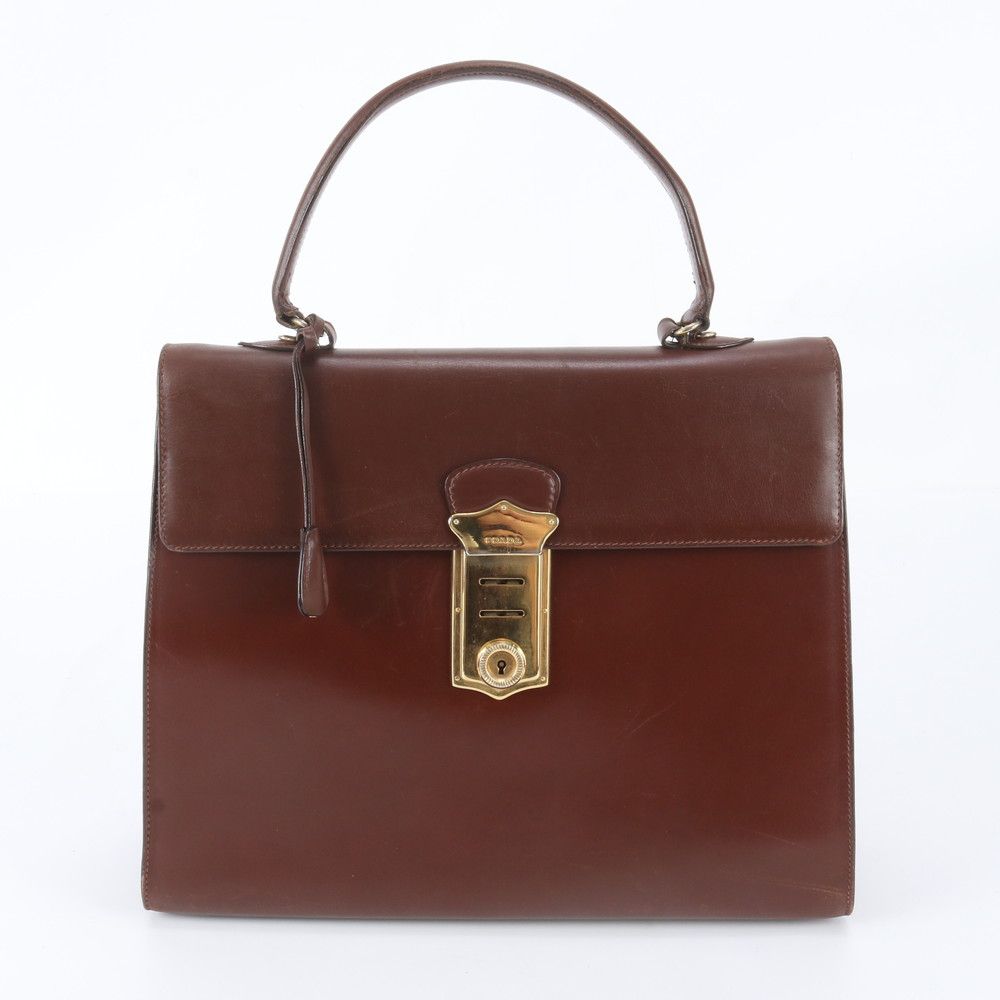 Prada Leather Handbag Top Handle Tote Brown Gold