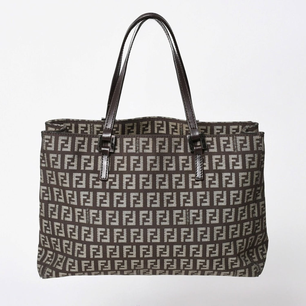 Fendi Zucchino Pattern Handbag Canvas Leather Brown Black Metal