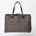 Fendi Zucchino Pattern Handbag Canvas Leather Brown Black Metal