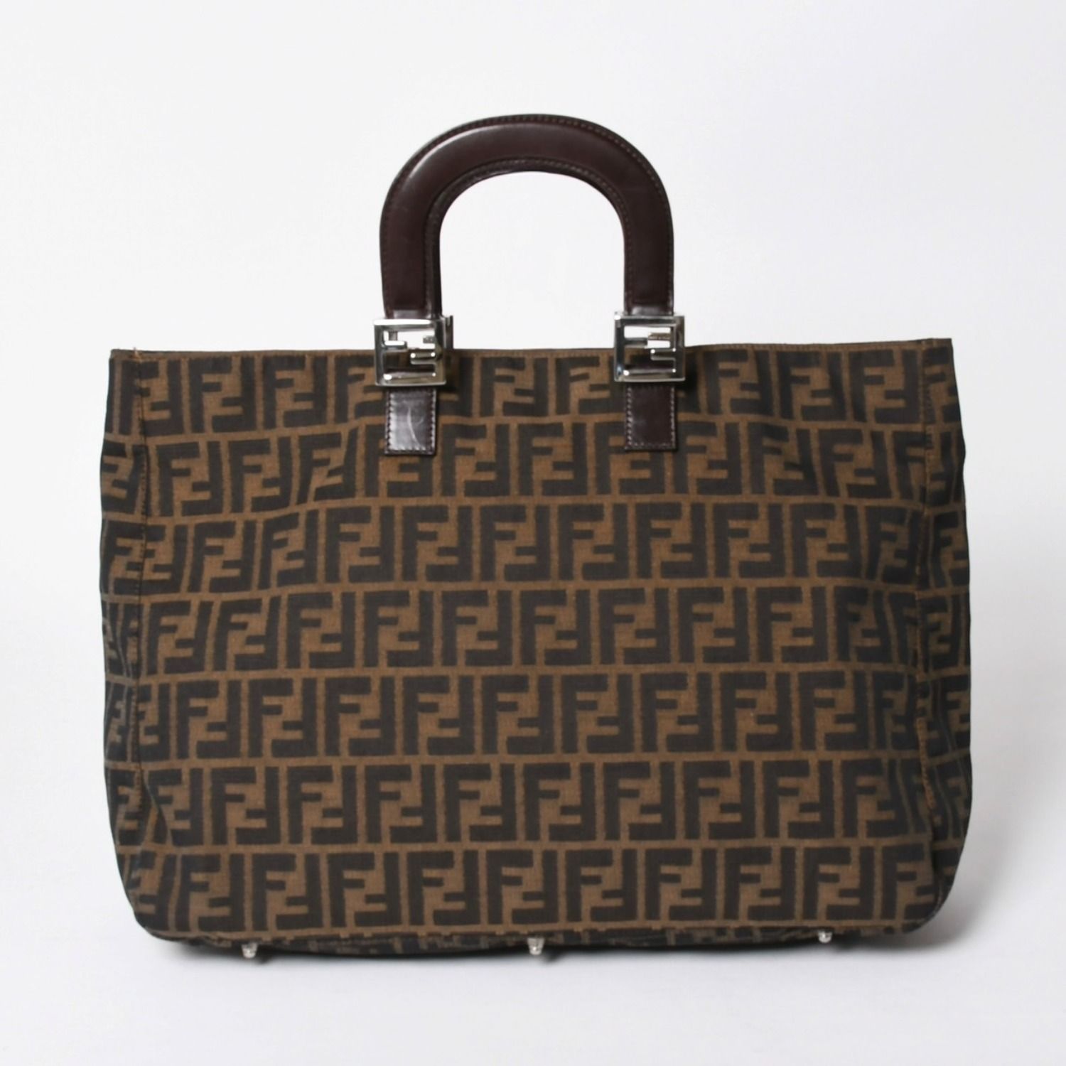 Fendi Tote Bag Zucca Pattern Canvas Leather Brown Silver