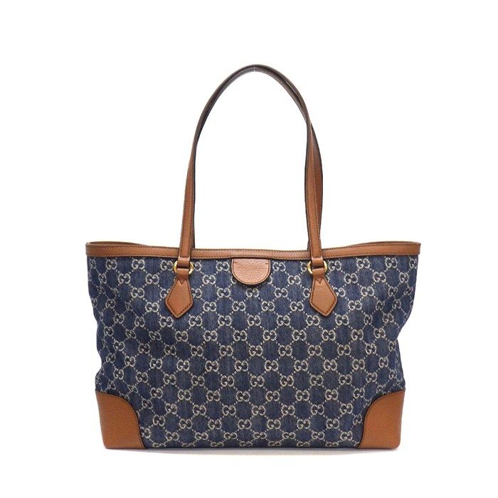Gucci Tote Bag Ophidia Medium Blue GG Denim Brown Leather Gold — view 2