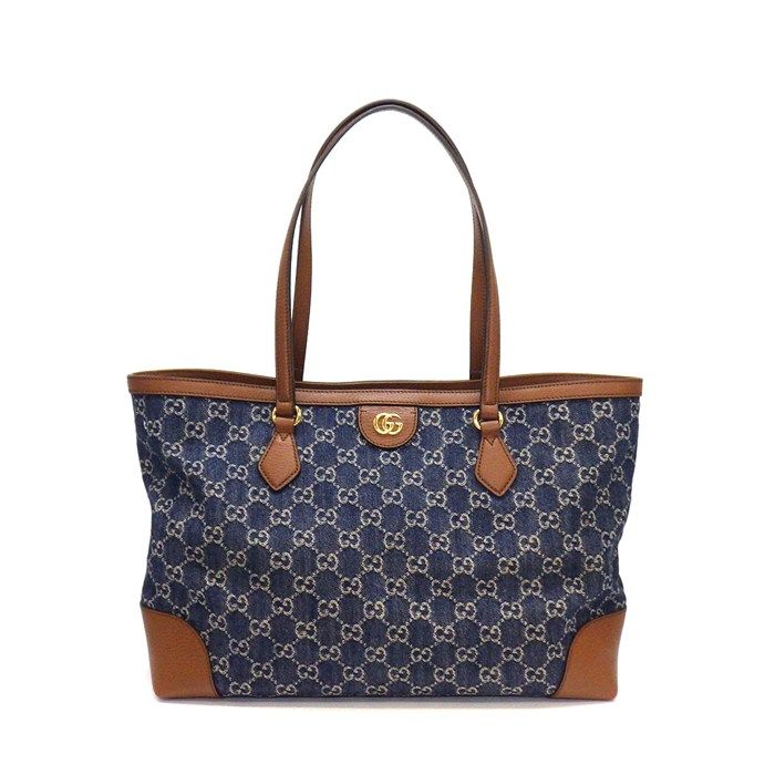 Gucci Tote Bag Ophidia Medium Blue GG Denim Brown Leather Gold