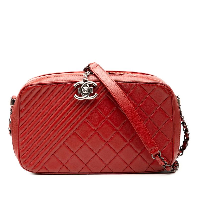 Chanel Quilted Coco Boy Chain Shoulder Bag Red Lambskin