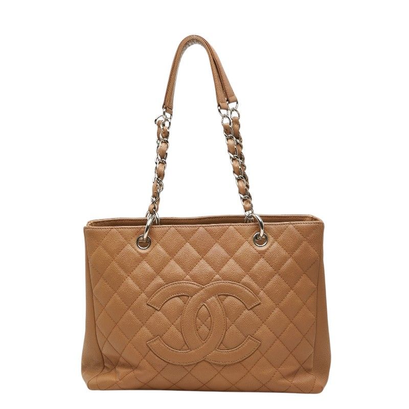 Chanel Quilted CC Logo Grand Shopping Tote GST Chain Shoulder Bag Beige Caviar