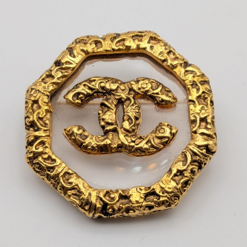 Chanel Brooch CC Logo Lava Gold Clear Vintage