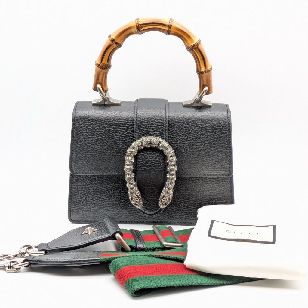 Gucci Bamboo Dionysus Leather Rhinestone 2-Way Shoulder Bag Black