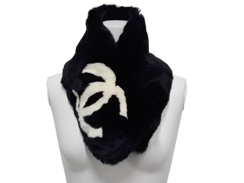 Chanel Big CC Logo Rabbit Neck Warmer Scarf Black White — view 8