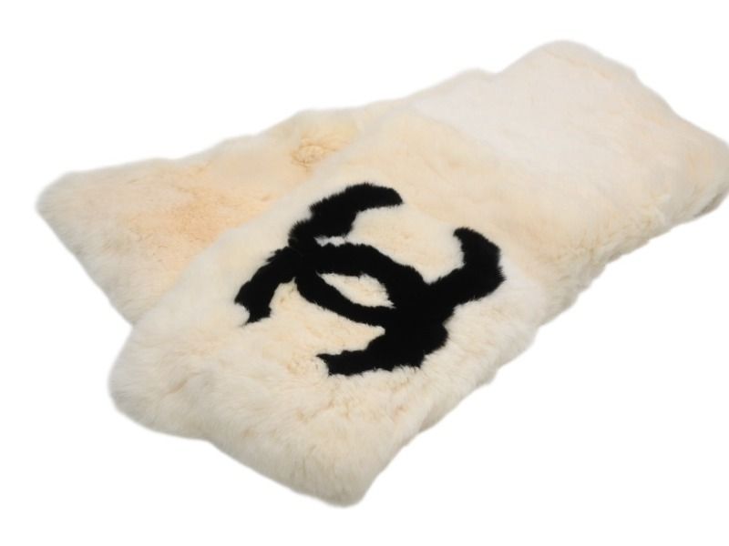 Chanel Big CC Logo Rabbit Neck Warmer Scarf Black White