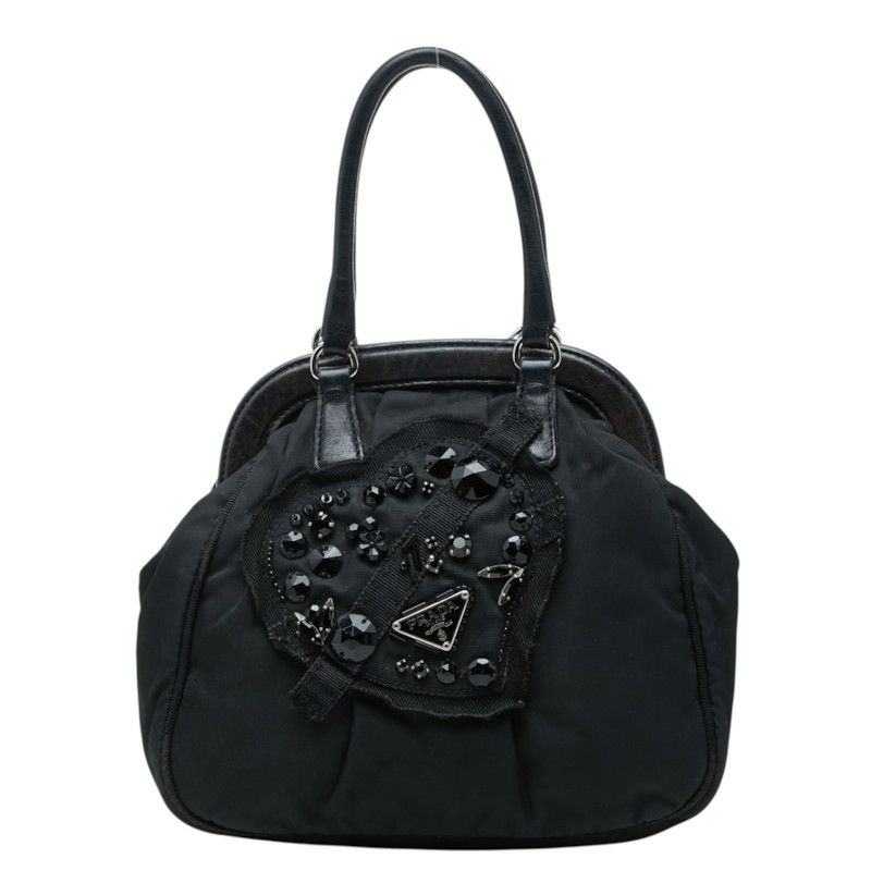 Prada Evening Heart Handbag Black Nylon Leather Bijou