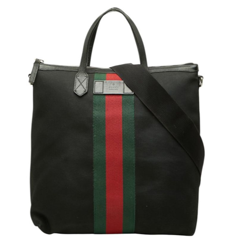 Gucci Sherry Line Tote Shoulder Bag 2-Way Black Canvas Leather