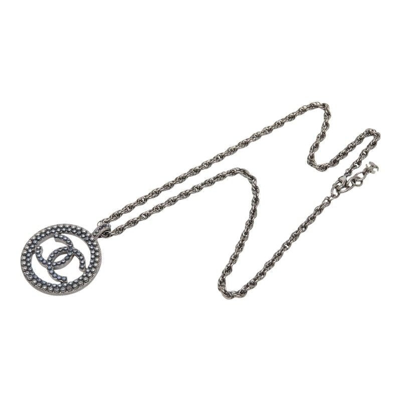 Chanel CC Logo Round Chain Pendant Black Metal — view 4