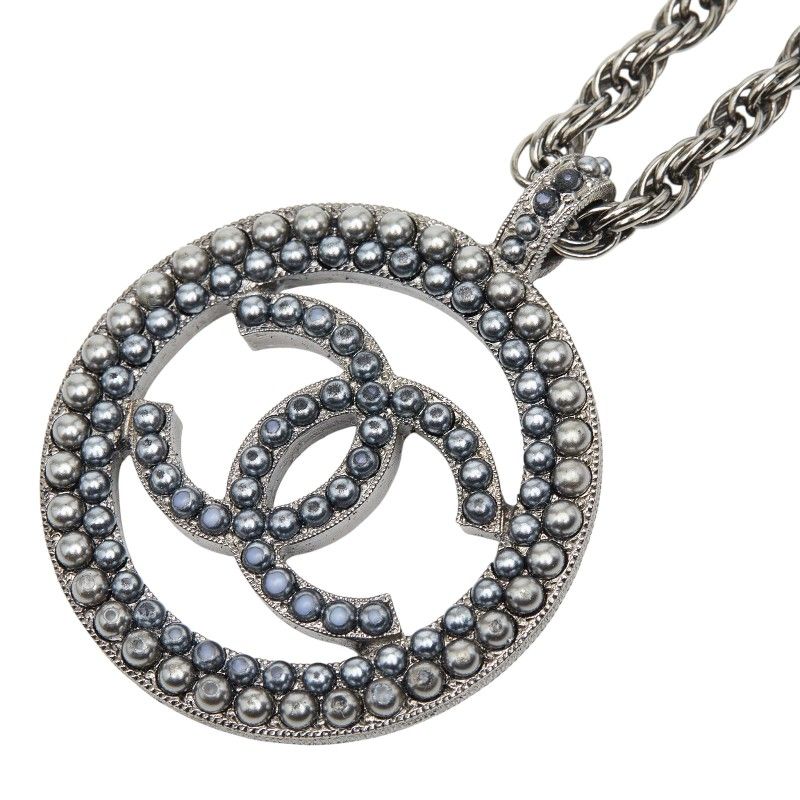 Chanel CC Logo Round Chain Pendant Black Metal
