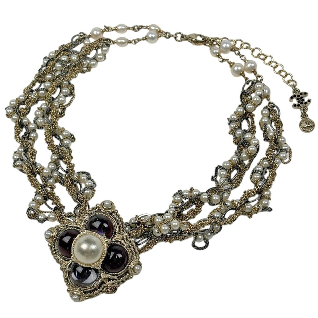 Chanel Necklace CC Logo Faux Pearl Rhinestone Gold