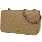 Chanel Quilted Shoulder Bag CC Logo Single Flap Leather Beige