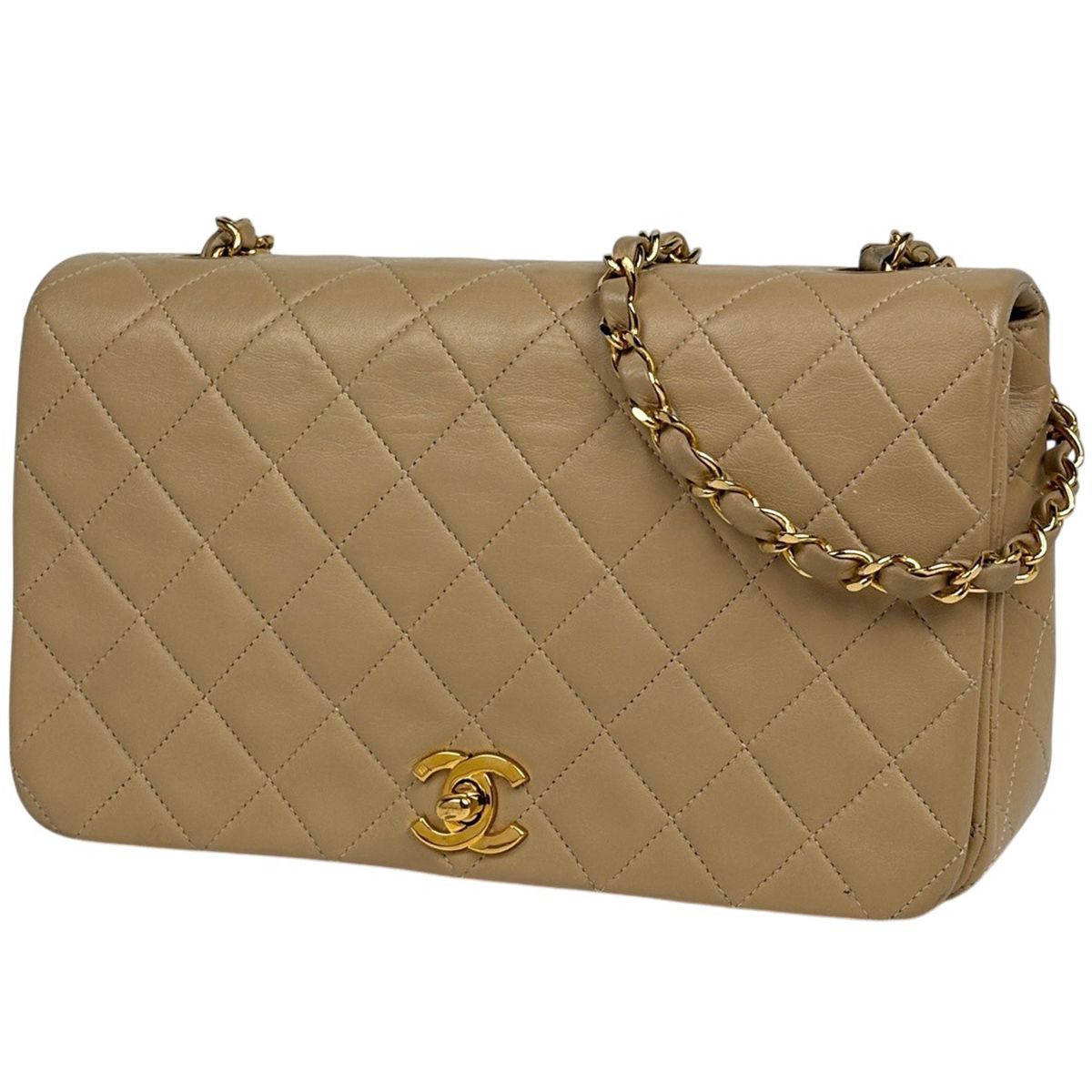 Chanel Quilted Shoulder Bag CC Logo Single Flap Leather Beige