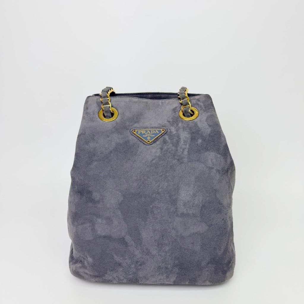 Prada Triangle Logo Chain Drawstring Shoulder Bag Suede Gray Gold Vintage — view 4